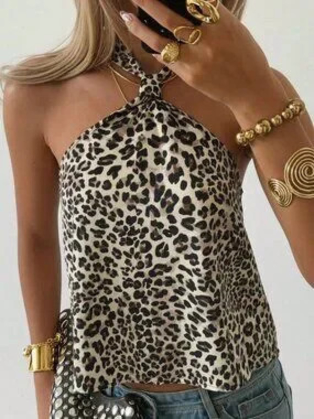 ZARA Casual Women's Halter Neck Leopard Print Backless Top